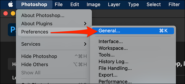 Selecione Geral em Preferências na janela do Photoshop