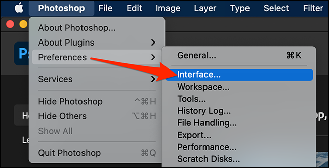 Clique em Photoshop> Preferências> Interface no Mac.