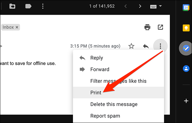 Opção de impressão no menu Mais do Gmail no Mac