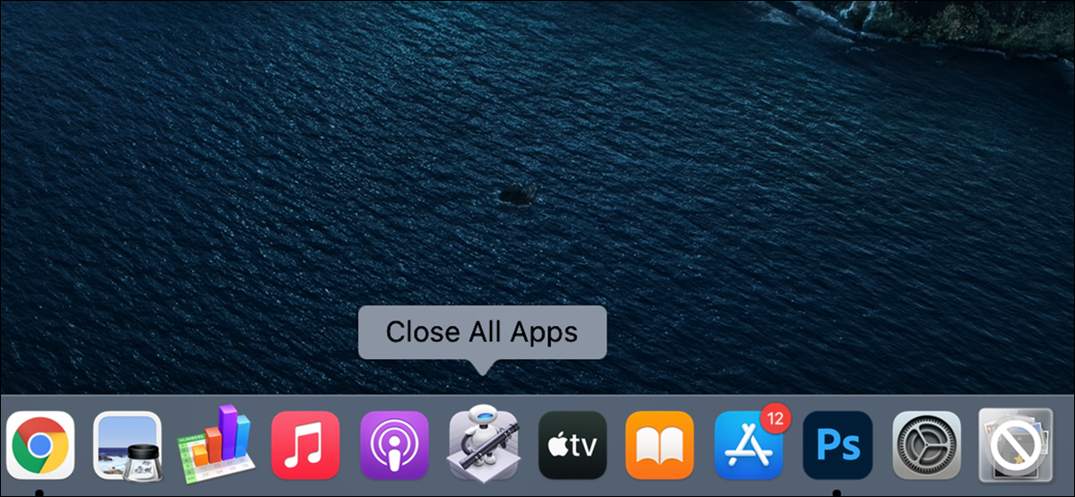 O aplicativo "Fechar todos os aplicativos" destacado no Dock do Mac.