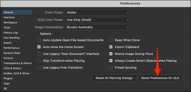 Habilite a opção de redefinição no menu Preferências do Photoshop
