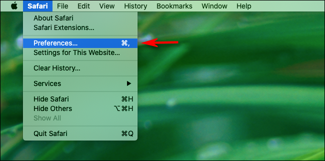 Clique em Preferências no menu Safari no Mac