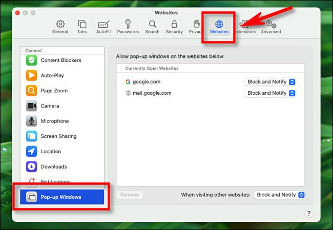 Em Preferências do Safari no Mac, clique em "Sites" e selecione "Janelas pop-up" na barra lateral.