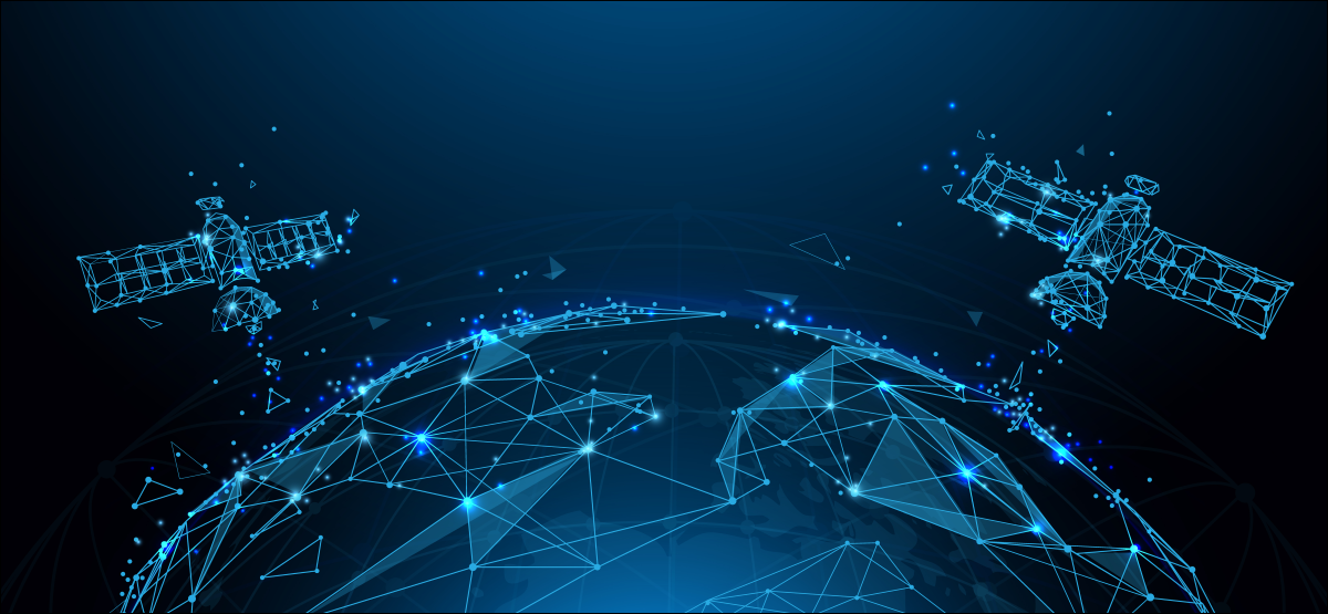 Uma ilustração estilizada de satélites transmitindo dados de volta à Terra.