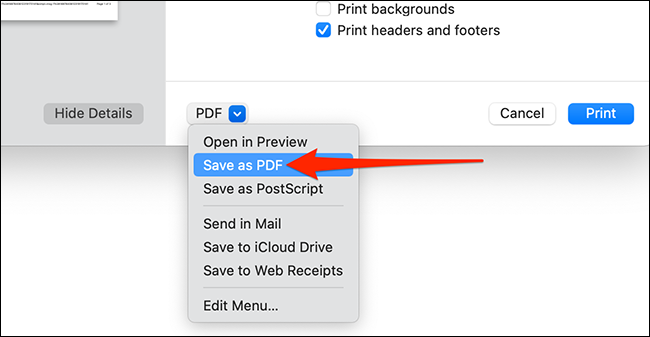 Escolha Salvar como PDF na caixa de diálogo de impressão do Safari