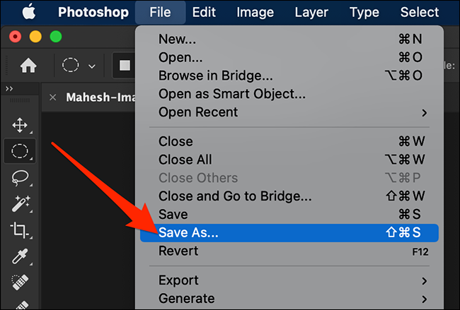Selecione Salvar como no menu Arquivo do Photoshop