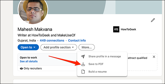 Selecione "Salvar em PDF" em uma página de perfil do LinkedIn.