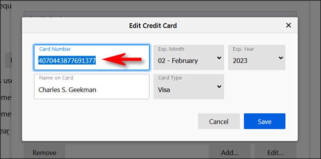 Na janela "Editar cartão de crédito", você verá o número completo do cartão de crédito.