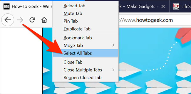 Clique com o botão direito em uma guia aberta e escolha "Selecionar todas as guias" no Firefox.