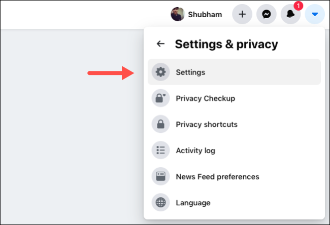 Selecione a opção Configurações no site do Facebook