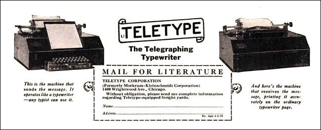 Trecho de um anúncio de teletipo de 1929
