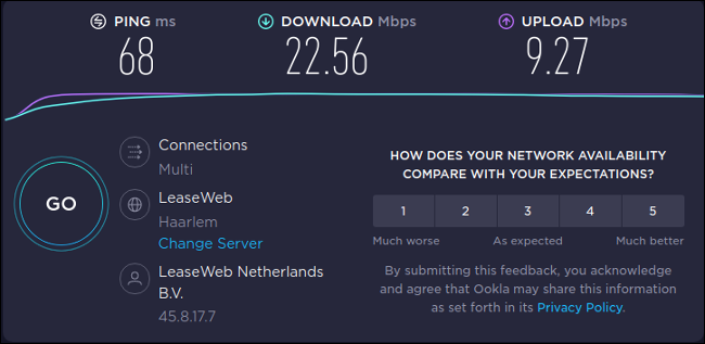 teste de velocidade com VPN para Amsterdã