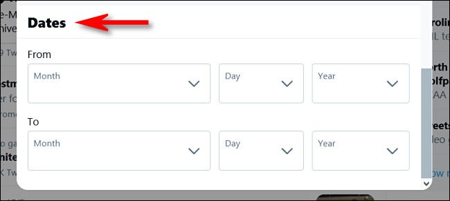 Localize a seção "Datas" na Pesquisa Avançada do Twitter.
