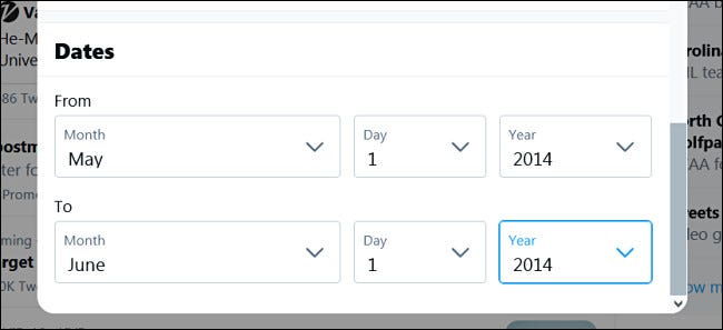 Insira o intervalo de datas na Pesquisa Avançada do Twitter.