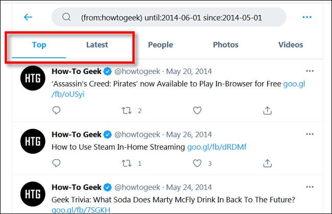 Você pode classificar os resultados de pesquisa do Twitter por "Principais" ou "Mais recentes".