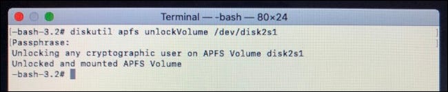 Desbloquear partição FileVault usando terminal