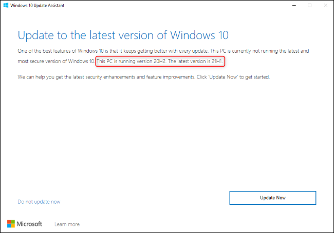 O Assistente de atualização do Windows 10 mostrando uma atualização para 21H1.