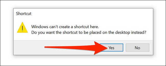 Selecione "Sim" no prompt de criação de atalho VPN do Windows 10.