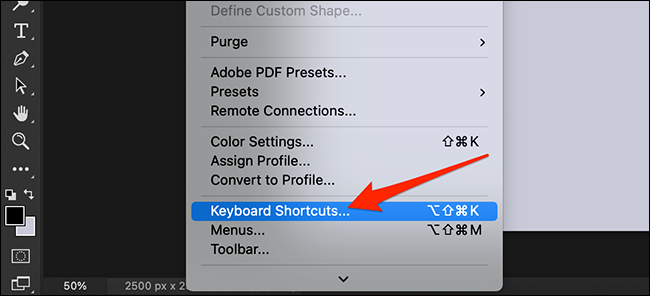 Selecione "Editar> Atalhos de teclado" no Photoshop.