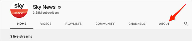 Selecione a guia "Sobre" para um canal do YouTube.
