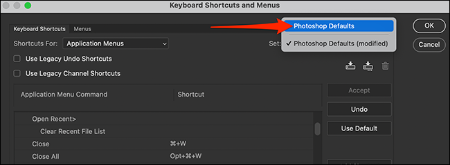 Selecione “Padrões do Photoshop” no menu suspenso “Definir” no Photoshop.
