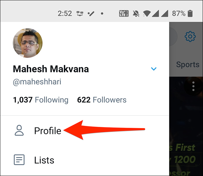 Selecione "Perfil" no menu de aplicativos do Twitter.