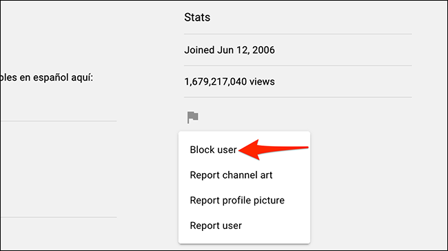 Escolha "Bloquear usuário" no menu de sinalização do YouTube.