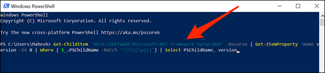 Execute um comando para localizar a versão do .NET Framework no PowerShell.