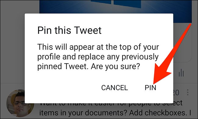 Selecione "PIN" no prompt de tweets fixados do Twitter.