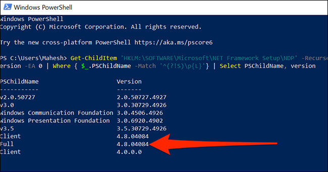 Visualize a versão do .NET Framework no PowerShell.