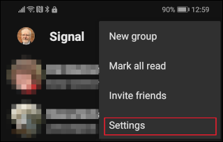 A opção Configurações no Signal mobile