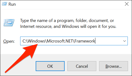 Abra a pasta "Framework" usando Executar no Windows 10.