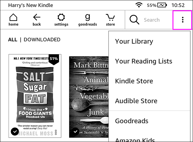 menu da tela inicial do kindle em destaque