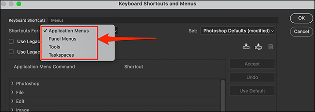 Selecione uma opção na lista suspensa “Atalhos para” no Photoshop.