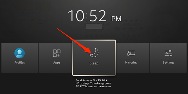 Realce a opção "Sleep" na interface Fire TV.