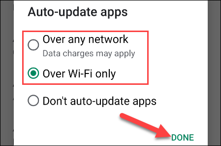 Certifique-se de que "Em qualquer rede" ou "Somente por Wi-Fi" esteja selecionado e toque no botão "Concluído".