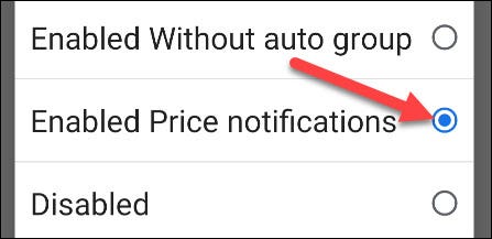 Selecione "Notificações de preço ativadas".