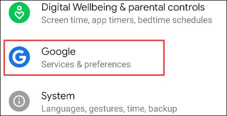 Selecione as configurações do "Google".