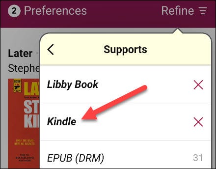 Use a ferramenta "Refinar" na página de resultados para selecionar "Kindle" na seção "Suporte".