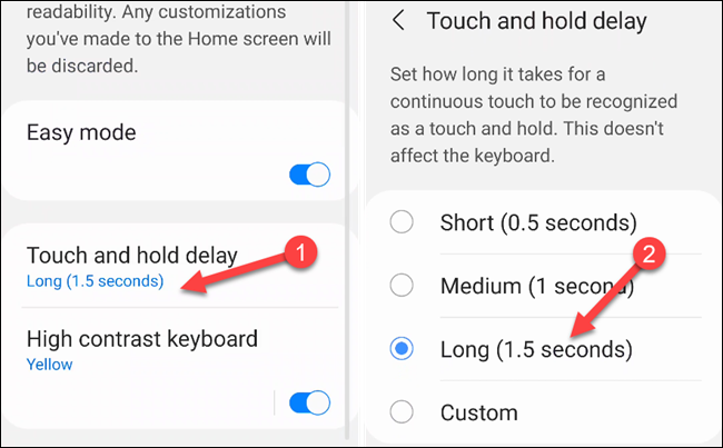 Decida quanto tempo você deseja que o "Atraso de toque e segure" dure.
