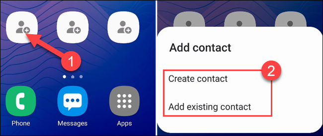 Toque em um dos atalhos vazios para selecionar um contato e selecione "Criar contato" ou "Adicionar contato existente".