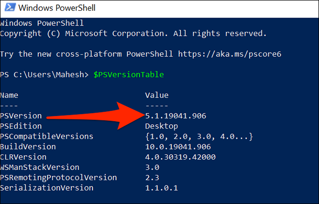 Uma janela do PowerShell exibindo a versão instalada.