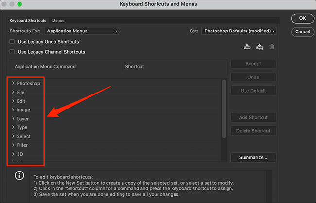 Selecione um menu na janela "Atalhos de teclado e menus" no Photoshop.