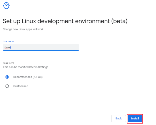 Inserir um nome de usuário na configuração do subsistema Linux no ChromeOS