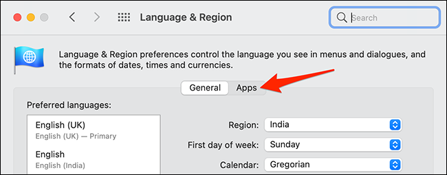 Clique na guia "Aplicativos" nas configurações de "Idioma e região".