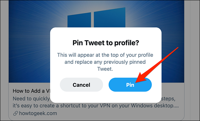 Selecione "Fixar" no prompt de tweet fixado do Twitter.