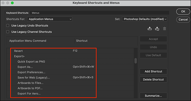 Selecione uma função na janela "Atalhos e menus do teclado" no Photoshop.