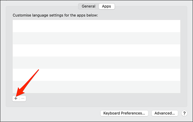 Clique em "+" para adicionar um aplicativo e alterar seu idioma.