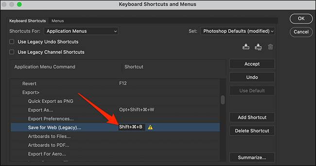 Altere um atalho de teclado no Photoshop.