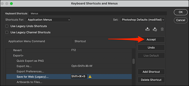 Clique em “Aceitar” na janela “Atalhos de teclado e menus” no Photoshop.